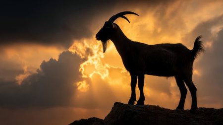 A stunning silhouette of a goat stands atop a rocky outcrop, framed by a captivating sunrise with clouds and rays, epitomizing the beauty of nature.の素材