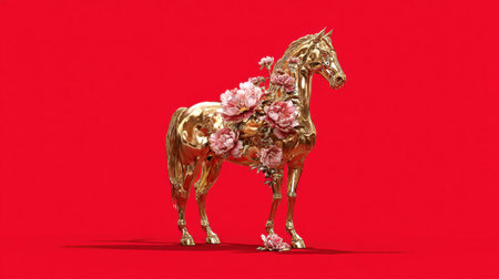 This unique artwork features a shimmering golden horse embellished with delicate pink flowers, set against a bold red background. It captures luxury and artistic expression.の素材