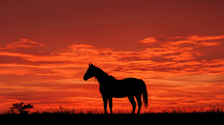 A majestic horse stands in silhouette against a breathtaking sunset sky filled with vibrant orange and red hues, creating a serene landscape at dusk.の素材
