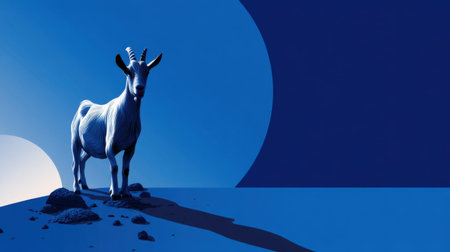 A stunning visual of a white goat standing on rocky ground, set against a striking blue backdrop. The image captures the essence of grace and serenity in its design.の素材