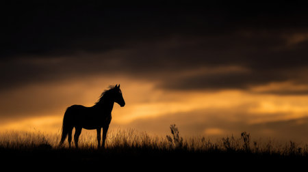 A striking image of a horse standing against a breathtaking sunset sky. The silhouette captures the calmness and beauty of nature, showcasing tranquil scenery at dusk.の素材
