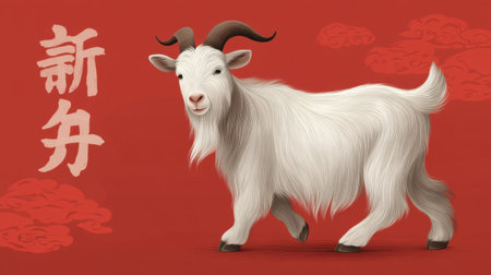 This charming illustration features a playful white goat against a vibrant red background, highlighting traditional elements and celebrating new beginnings in a festive manner.の素材