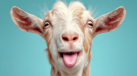 This charming image showcases a playful goat with a light brown and white coat, playfully sticking out its pink tongue. It radiates happiness and humor.の素材