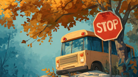 A picturesque autumn landscape featuring a vintage school bus parked by a stop sign, surrounded by vibrant foliage and a serene blue sky, evoking warmth and nostalgia.の素材