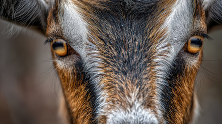 This close-up photograph showcases the intricate details of a goat's face, highlighting its striking fur patterns and expressive eyes, offering a glimpse into farm life and natural beauty.の素材