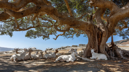 A serene scene depicting a group of white goats resting under the broad shade of an ancient tree in a picturesque mountainous landscape, showcasing nature's tranquility.の素材