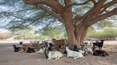 A serene scene of multiple goats resting under a large tree, enjoying the shade on a sunny day. The peaceful setting showcases rural life and companionship in nature.の素材