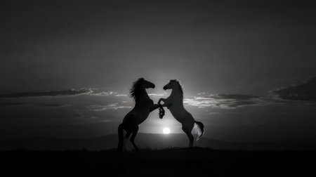 Two majestic white horses engage in a captivating dance, silhouetted against a stunning sunset in a serene landscape, evoking feelings of beauty and harmony.の素材