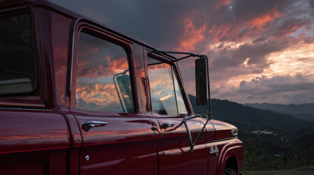 A vintage red pickup truck beautifully reflects a stunning sunset sky filled with dramatic clouds. This serene outdoor scene captures the essence of adventure and nostalgia.の素材