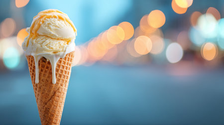 A mouthwatering vanilla ice cream cone with delightful drips, set against a vibrant, blurred backdrop of colorful city lights, perfect for summer-themed projects.の素材
