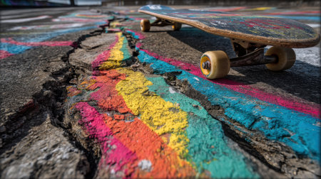 A skateboard rests on cracked pavement adorned with vibrant paint colors. This image captures the essence of urban creativity and youth culture through street art.の素材