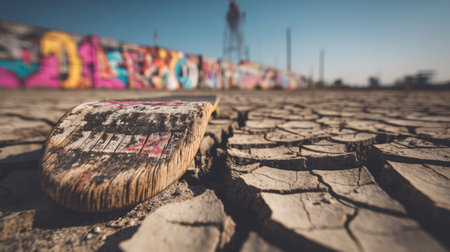 A solitary skateboard lies on the cracked earth, surrounded by a vibrant graffiti wall, showcasing the intersection of urban art and nature's decay in an evocative scene.の素材