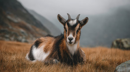 A beautiful goat reclines on a soft grassy area, surrounded by a tranquil landscape. The foggy mountains add a serene backdrop to this picturesque scene of nature.の素材