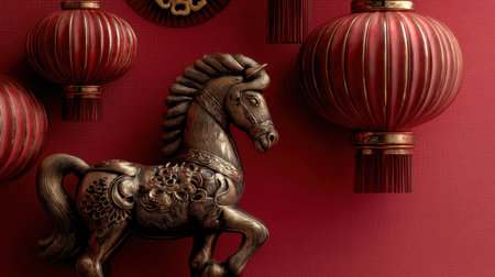 This stunning wooden horse figure combines elegance and tradition, accented by rich red lanterns, making it a perfect addition for festive decorations and cultural celebrations.の素材