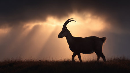 A stunning silhouette of a goat walking gracefully against a backdrop of a dramatic sunrise, with rays of light breaking through dark clouds, showcasing serene beauty.の素材
