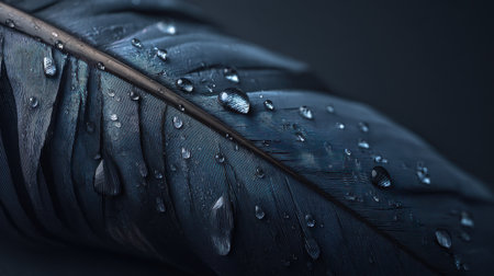 A stunning close-up image of a dark feather adorned with glistening water droplets, highlighting intricate textures and natural beauty in a serene, minimalist style.の素材