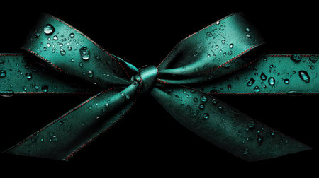 This image features an elegant teal ribbon adorned with water droplets on a striking black background. It embodies sophistication and is ideal for gift-themed designs.の素材