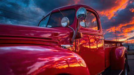 A captivating vintage red truck stands out against a dramatic sunset sky, reflecting vibrant colors and evoking feelings of nostalgia and classic American design.の素材