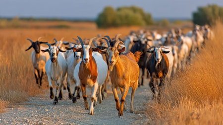A serene scene captures a herd of goats walking along a dusty path through a golden field during sunset, showcasing the beauty of rural life and vibrant nature.の素材