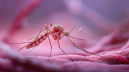 A detailed macro shot of a mosquito perched on a soft pink surface, showcasing its intricate body structure and highlighting the beauty of the natural world at a microscopic level.の素材