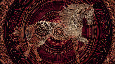 This captivating horse illustration features intricate patterns and rich colors, perfect for anyone seeking unique decorative art with a mystical touch.の素材