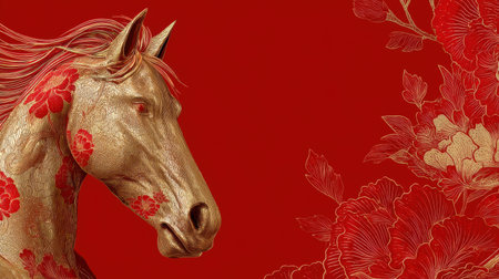 A stunning artistic representation of a horse set against a bold red backdrop. Detailed floral patterns enhance the visual appeal, symbolizing elegance and strength.の素材