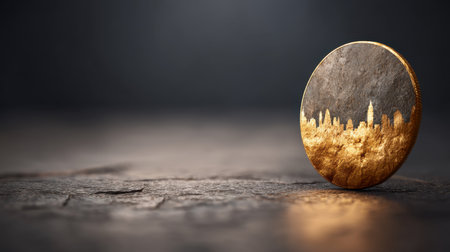 A stunning artistic coin featuring a detailed skyline design with golden accents sits gracefully on a textured surface, illuminated by soft dramatic lighting.の素材