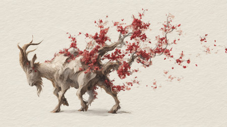 A fantastical creature adorned with antlers transforms as it is intertwined with blooming cherry blossoms, representing the beauty of nature and magical realism.の素材