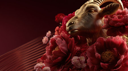 An exquisite abstract design featuring a golden ram head seamlessly integrated with lush red flowers. This artwork evokes themes of nature, strength, and elegance.の素材
