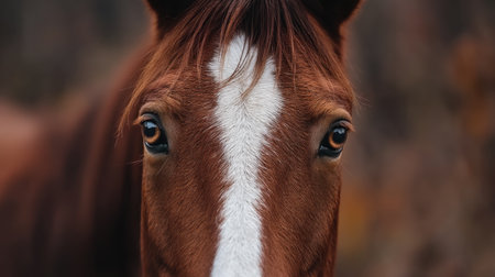 A stunning close-up of a chestnut horse showcasing its expressive eyes and soft coat, set against a beautifully blurred natural background, capturing tranquility.の素材