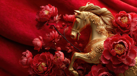 A stunning golden horse sculpture surrounded by rich red peony flowers, set against a soft fabric backdrop, highlighting elegance and artistic craftsmanship in fine art.の素材