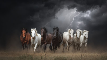 A captivating image capturing a group of horses galloping powerfully across a field beneath ominous storm clouds and dramatic lightning strikes, symbolizing freedom.の素材
