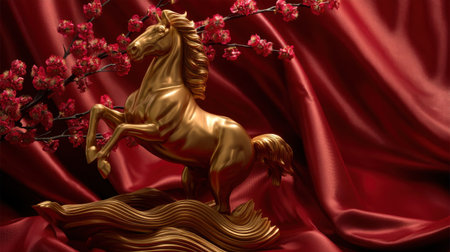 A stunning golden horse statue stands elegantly among delicate cherry blossom branches, set against a rich red fabric backdrop, embodying prosperity and luxury.の素材
