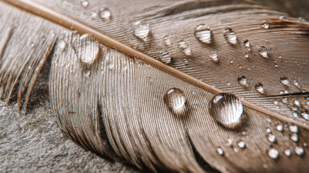 This macro image features a delicate feather adorned with crystal-clear water droplets, showcasing intricate textures and natural beauty found in nature.の素材