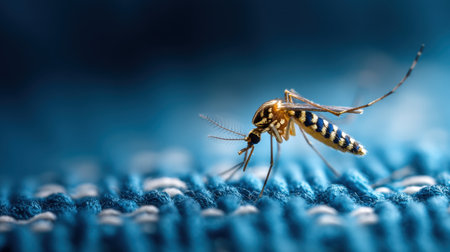 This image captures a detailed close-up of a mosquito resting on a textured surface. The vibrant colors and intricate patterns highlight the fascinating features of this insect, showcasing its beauty and complexity in nature.の素材
