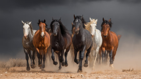 A stunning image of majestic horses running powerfully through a dusty landscape under a dramatic cloudy sky, capturing the essence of freedom and grace in nature.の素材