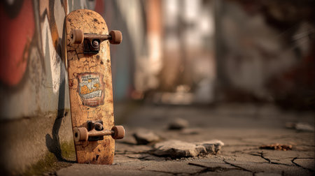 A vintage skateboard rests against a graffiti-covered wall, surrounded by cracked concrete and scattered rocks. This image captures the essence of urban culture and adventure.の素材