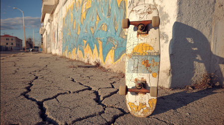 A vintage skateboard leans against a cracked concrete floor, set against a vibrant graffiti wall. This urban scene epitomizes street art and youthful culture.の素材