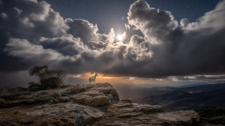 A striking image of a lone coyote standing atop a rocky outcrop, bathed in moonlight, surrounded by dramatic clouds in a breathtaking night sky, showcasing nature's beauty.の素材