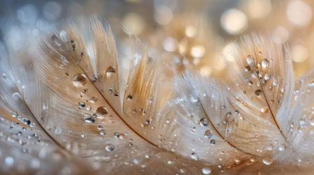 Close-up of delicate feathers adorned with shimmering water droplets, set against a soft, blurred background infused with warm bokeh lights, evoking tranquility and elegance.の素材