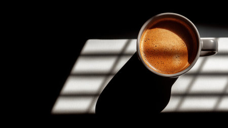 A close-up view of a warm cup of coffee resting on a surface, highlighted by shadows from window bars, creating a striking contrast.の素材