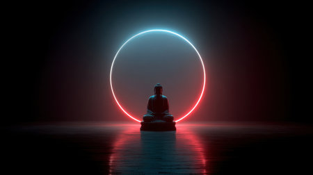A captivating image of a Buddha statue enveloped in a soft glow, creating a serene ambiance. The vibrant circular halo enhances the spiritual essence, ideal for themes of meditation and tranquility.の素材