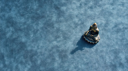 A serene small Buddha statue rests on a textured blue background, symbolizing peace and calmness, perfect for meditation and spiritual practice.の素材