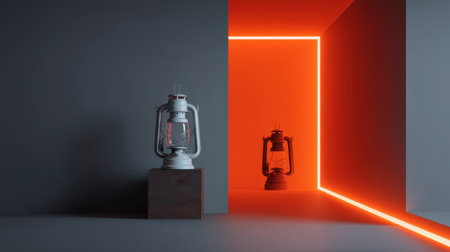 A vintage lantern placed on a wooden pedestal contrasts with a modern indoor space bathed in vibrant neon lights, creating a unique atmosphere.の素材