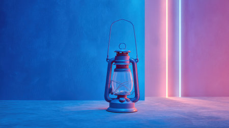 This artistic image features a vintage lantern placed in a colorful setting, showcasing soft blue and pink lighting that creates a tranquil ambiance.の素材