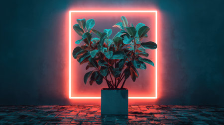 A stunning plant arrangement featuring vibrant greenery, set against a glowing neon frame, creating a striking atmosphere in a modern indoor space.の素材