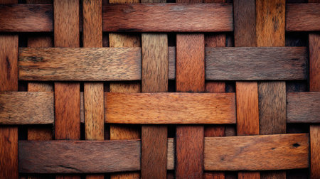This detailed image showcases a handcrafted wooden weaving, rich in natural tones and textures, perfect for design inspiration and artistic projects.の素材