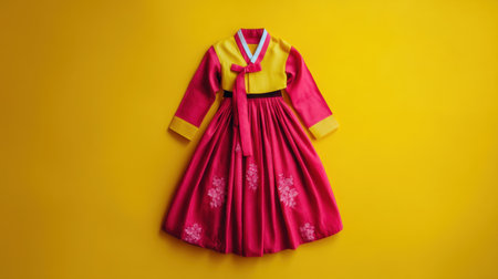 This striking pink hanbok dress with yellow accents showcases traditional cultural fashion against a bright yellow background, perfect for seasonal celebrations.の素材