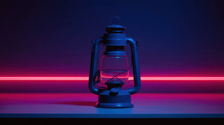 A vintage lantern stands out against a dark backdrop enhanced by vibrant neon lights, creating a captivating atmosphere of nostalgia.の素材