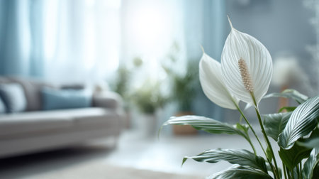 A stunning peace lily plant enhances a bright living room, showcasing its elegant white flowers and lush green leaves. The warm and inviting space is bathed in natural light, highlighting the calming atmosphere perfect for relaxation and interior design.の素材